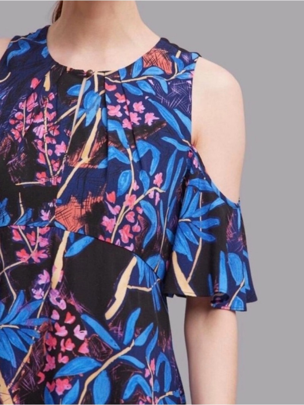 Anthropologie Maeve Elia Cold Shoulder Midi Dress 14 tropical botanical floral - Picture 5 of 13